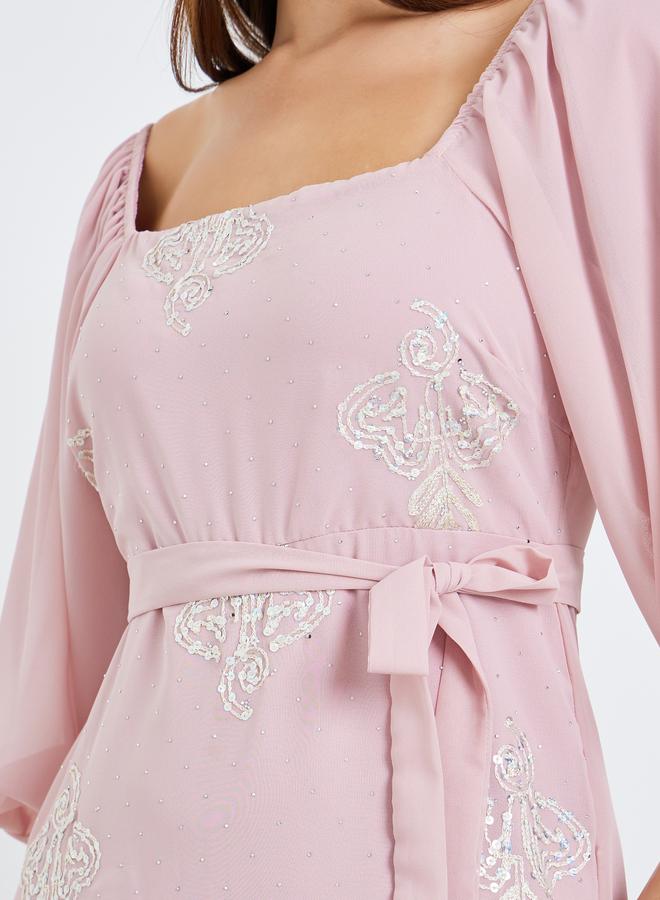 Styli Women Pink Embellished Puff Sleeve Maxi Dress - Image 3